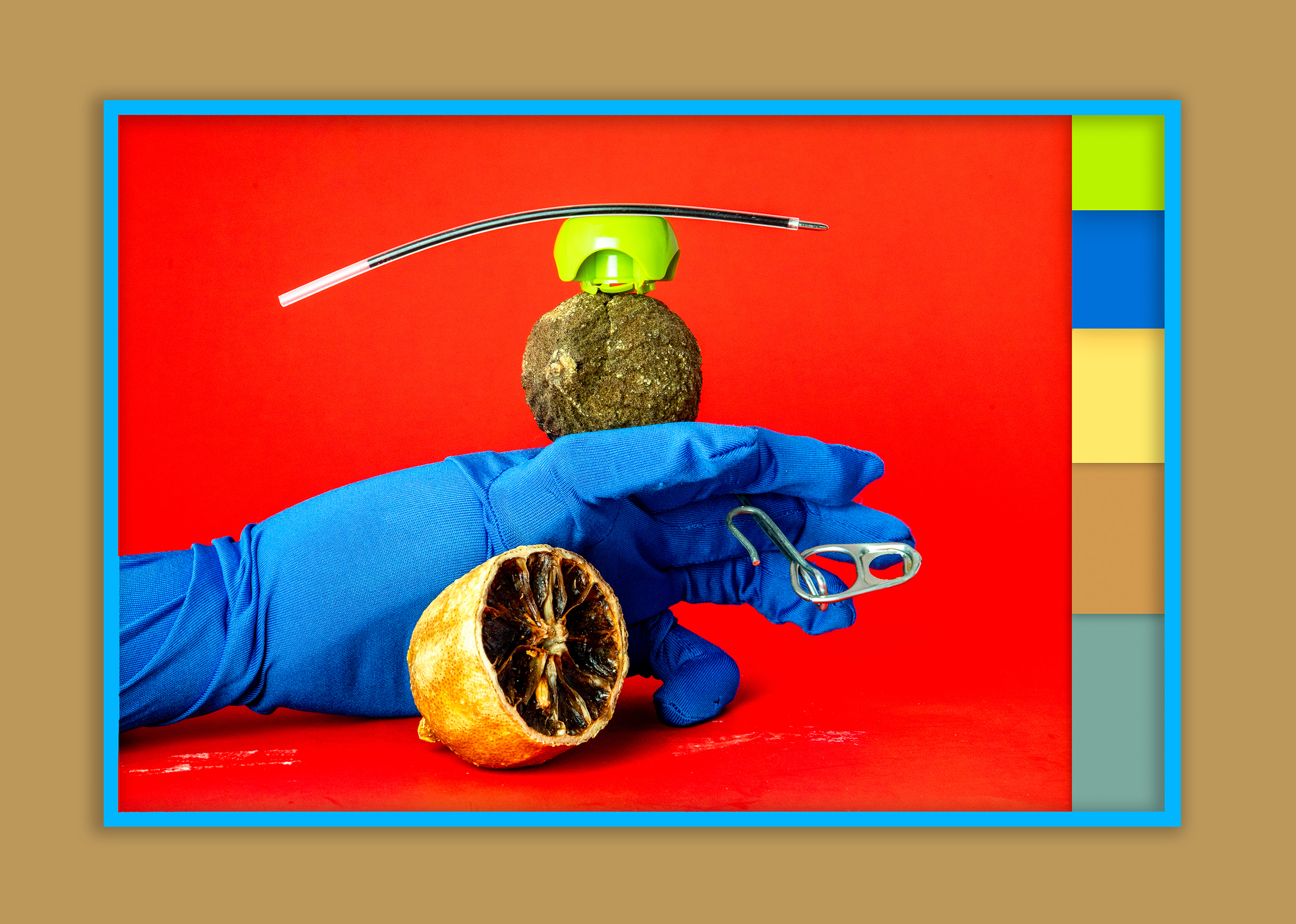 A hand in a blue glove against a bright red background, fruits are piled on top of the gloved hand